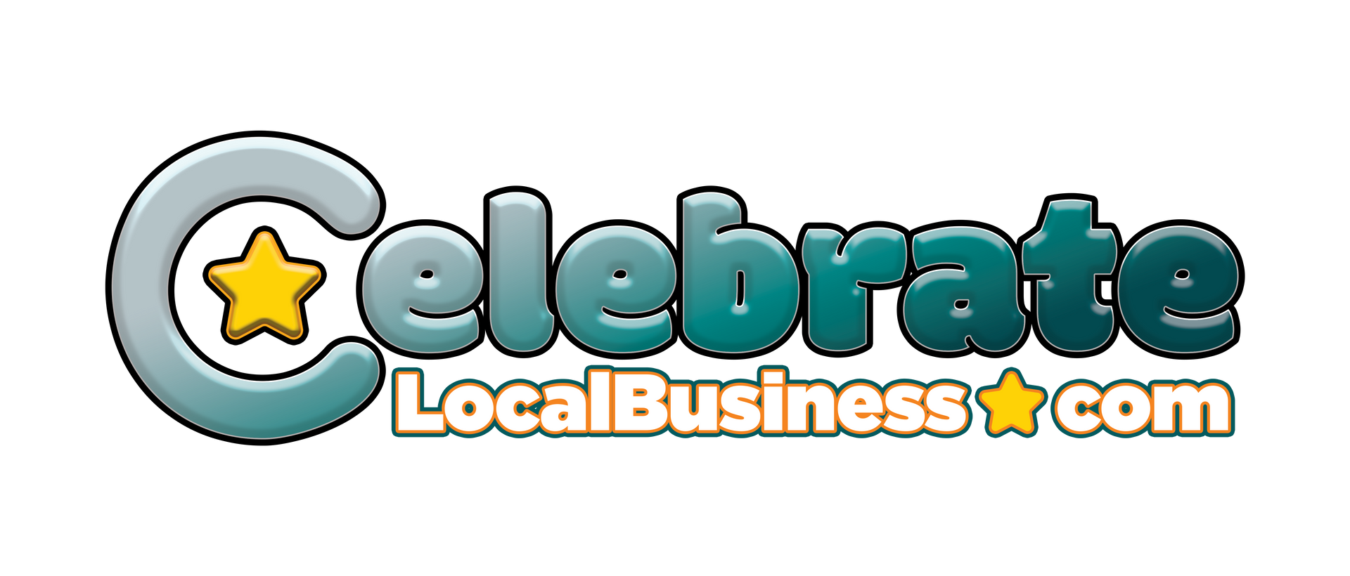 Logo for CelebrateLocalBusiness.com, featuring bold, blue-green bubbly text with a yellow star inside the letter C.