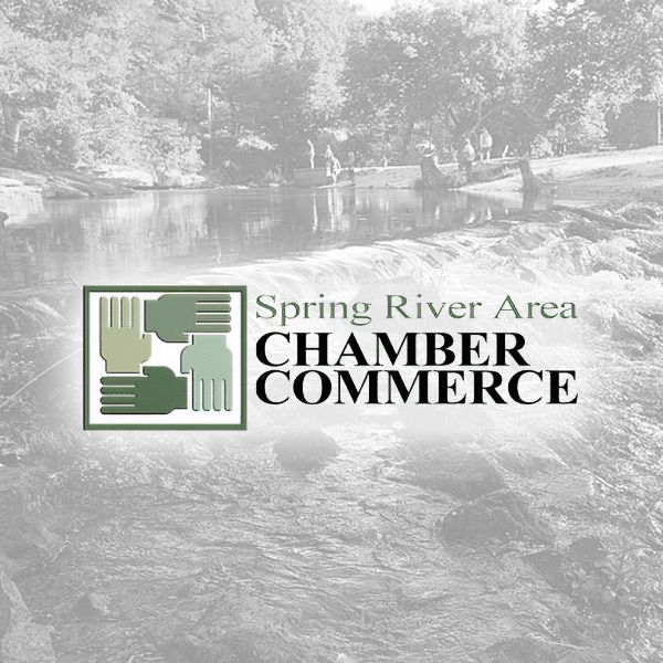 Logo for the Spring River Area Chamber of Commerce featuring an icon of four hands joined together over a river background.