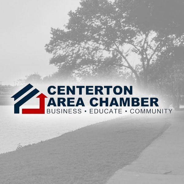 Logo of the Centerton Area Chamber featuring a blue and red geometric house icon, text, and a foggy landscape background.