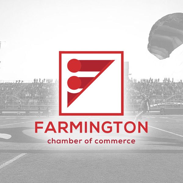 Logo of the Farmington Chamber of Commerce featuring a red stylized 'F' symbol over a faint background of a sports field.