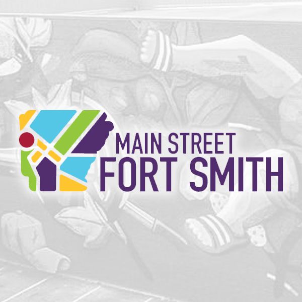 Logo for Main Street Fort Smith featuring a stylized map of Arkansas in blue, green, yellow, and purple next to text.