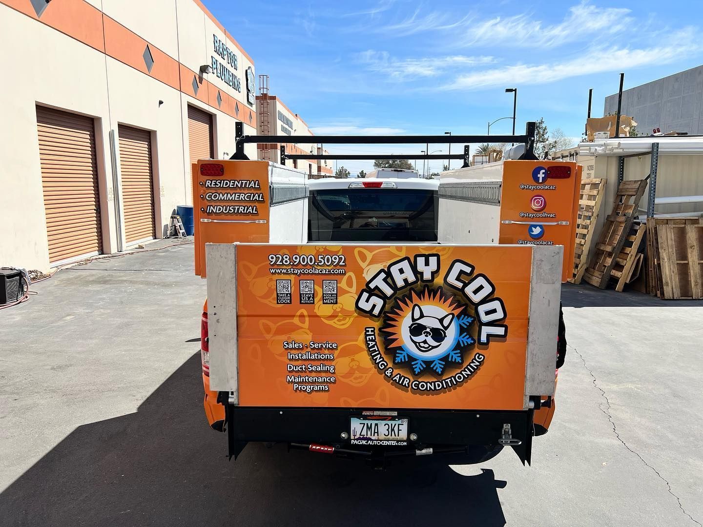 A truck that says stay cool on the back