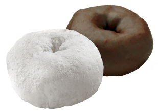 image of two little debbie mini donuts, a powdered and frosted