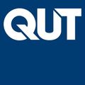 QUT logo in white on a blue background