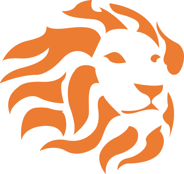 Orange stylized lion head logo on a white background