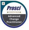 ProSci Certified Advanced Change Practitioner badge in blue, white, and gold with circular border