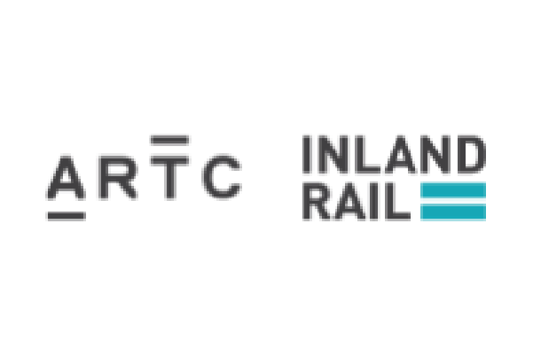 ARTC and Inland Rail logos in black with teal stripes on a white background