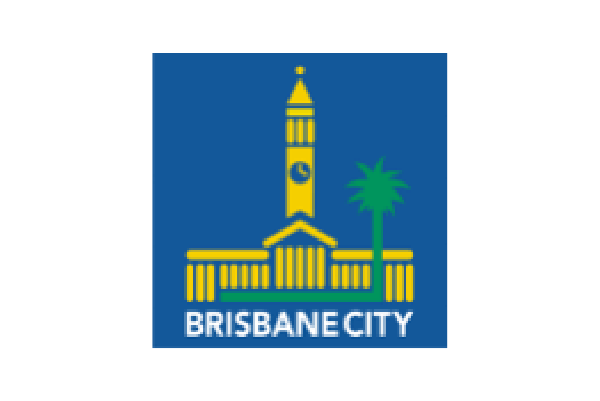 Brisbane City Council logo: yellow clock tower and palm on blue background with white text.