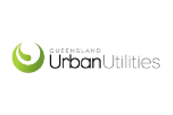 Queensland Urban Utilities logo with green circular icon and gray text on white background