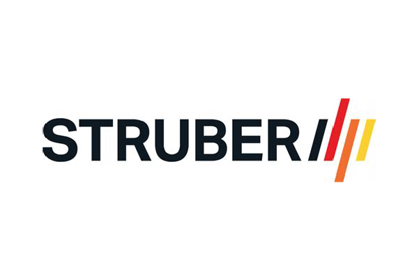 STRUBER logo in black with red and orange slanted bars