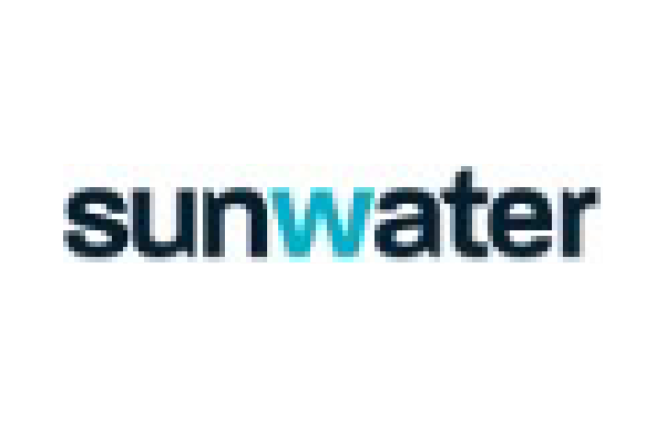Sunwater logo in black and blue text on a white background