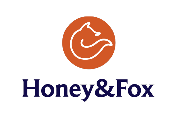 Honey&Fox logo with an orange fox icon above dark blue text on a white background