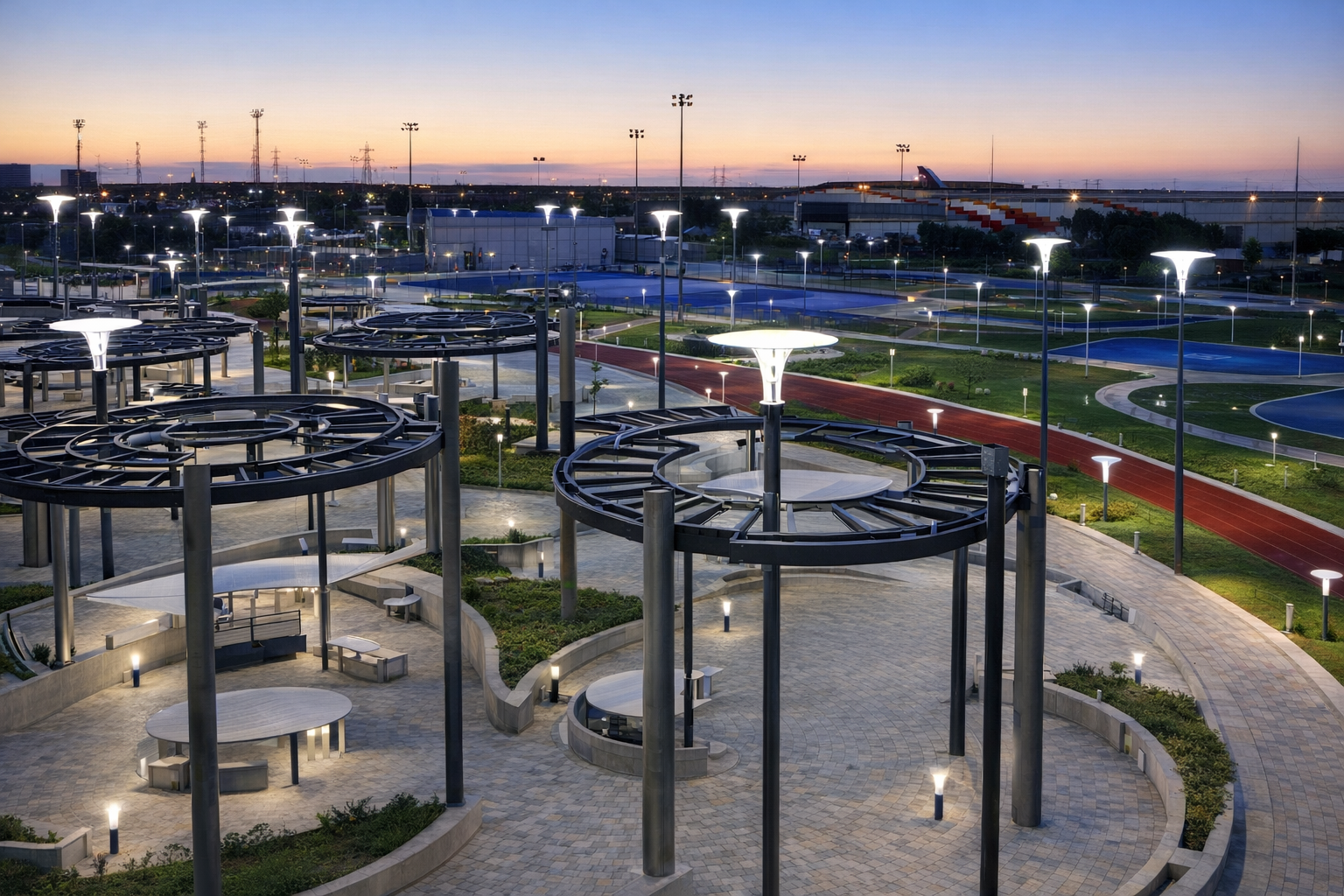 Sunset view of a park with circular pergolas, lit pathways, and sports fields in the distance