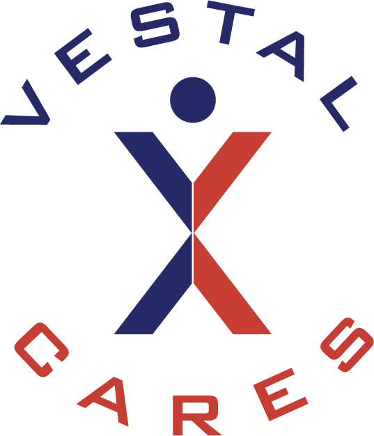 Vestal Cares logo with blue and red stylized human figure and curved text