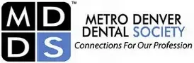 Logo for Metro Denver Dental Society: black and blue square with 