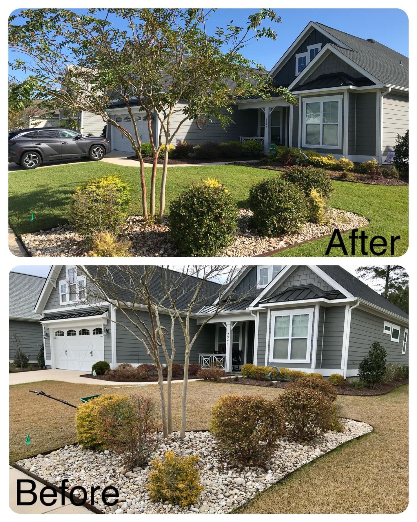 A before and after picture of a house with a car parked in front of it.