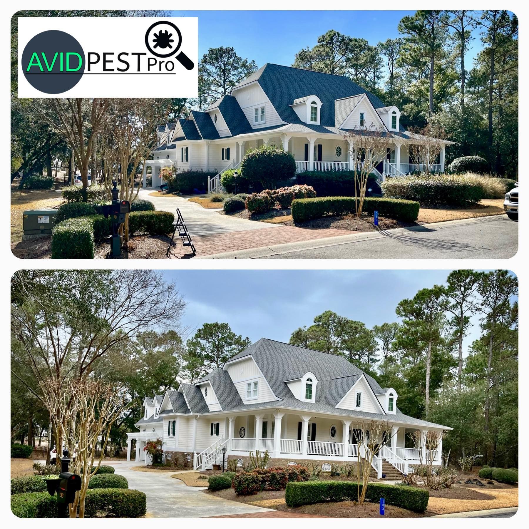A before and after picture of a house with a blue roof.