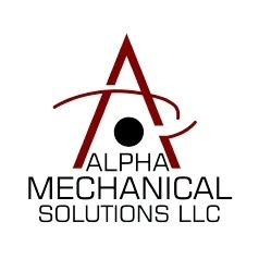 The logo for alpha mechanical solutions llc is a red triangle with a black circle in the middle.