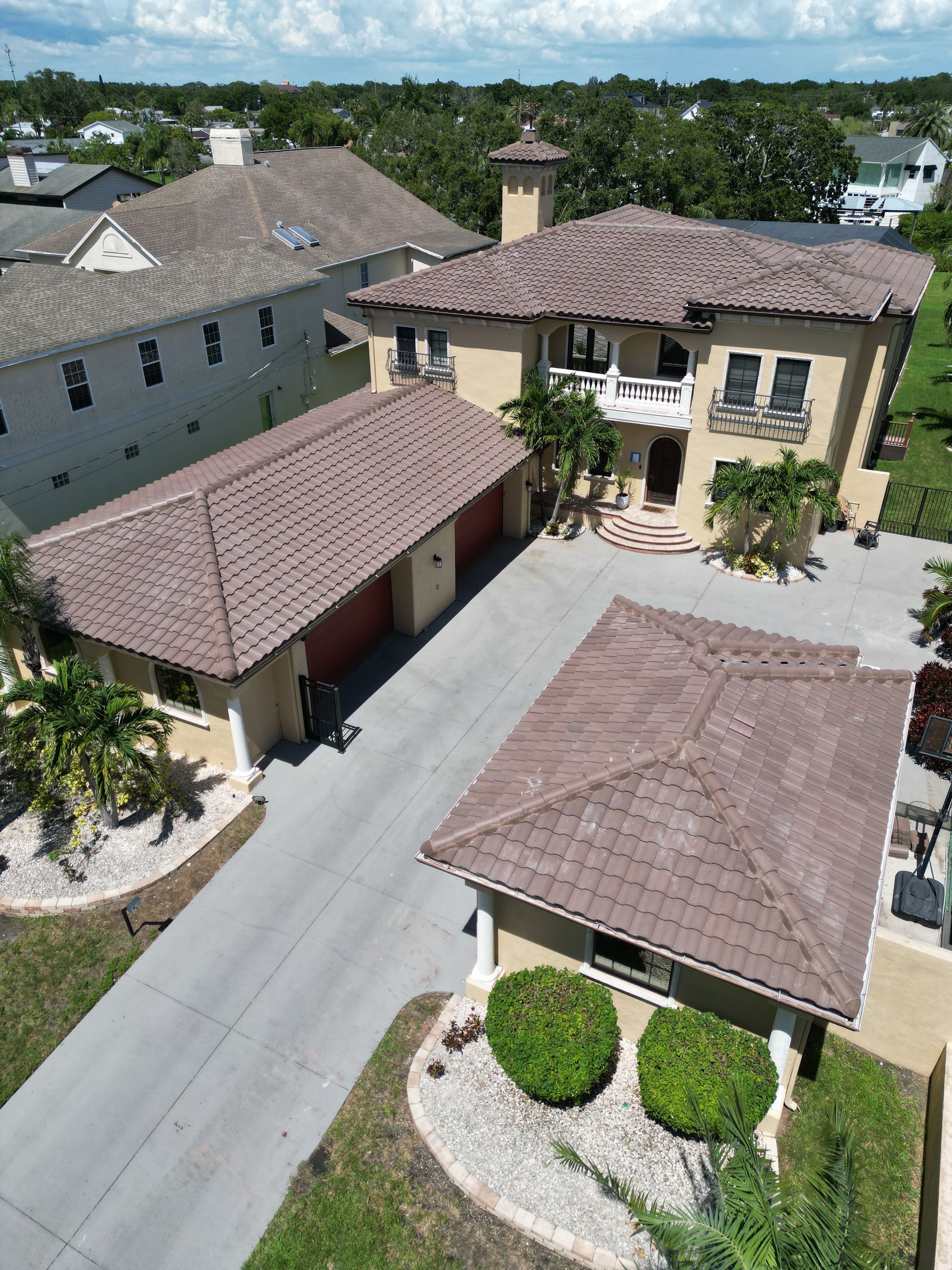 Tile roofing near you: aerial view of a Red Truck Roofing project on a Tampa Bay home