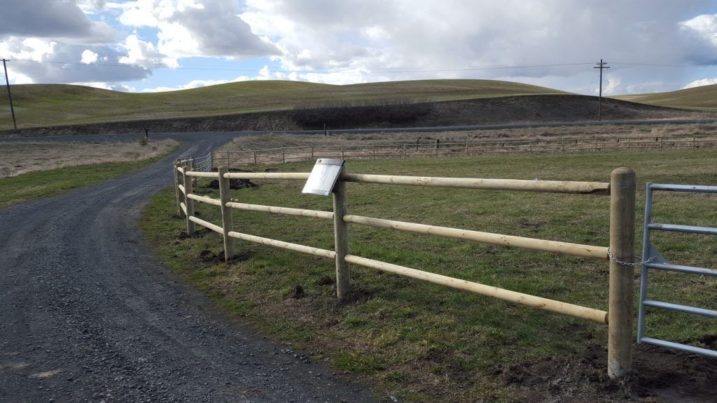 A wooden fence surrounds a grassy field next to a dirt road.