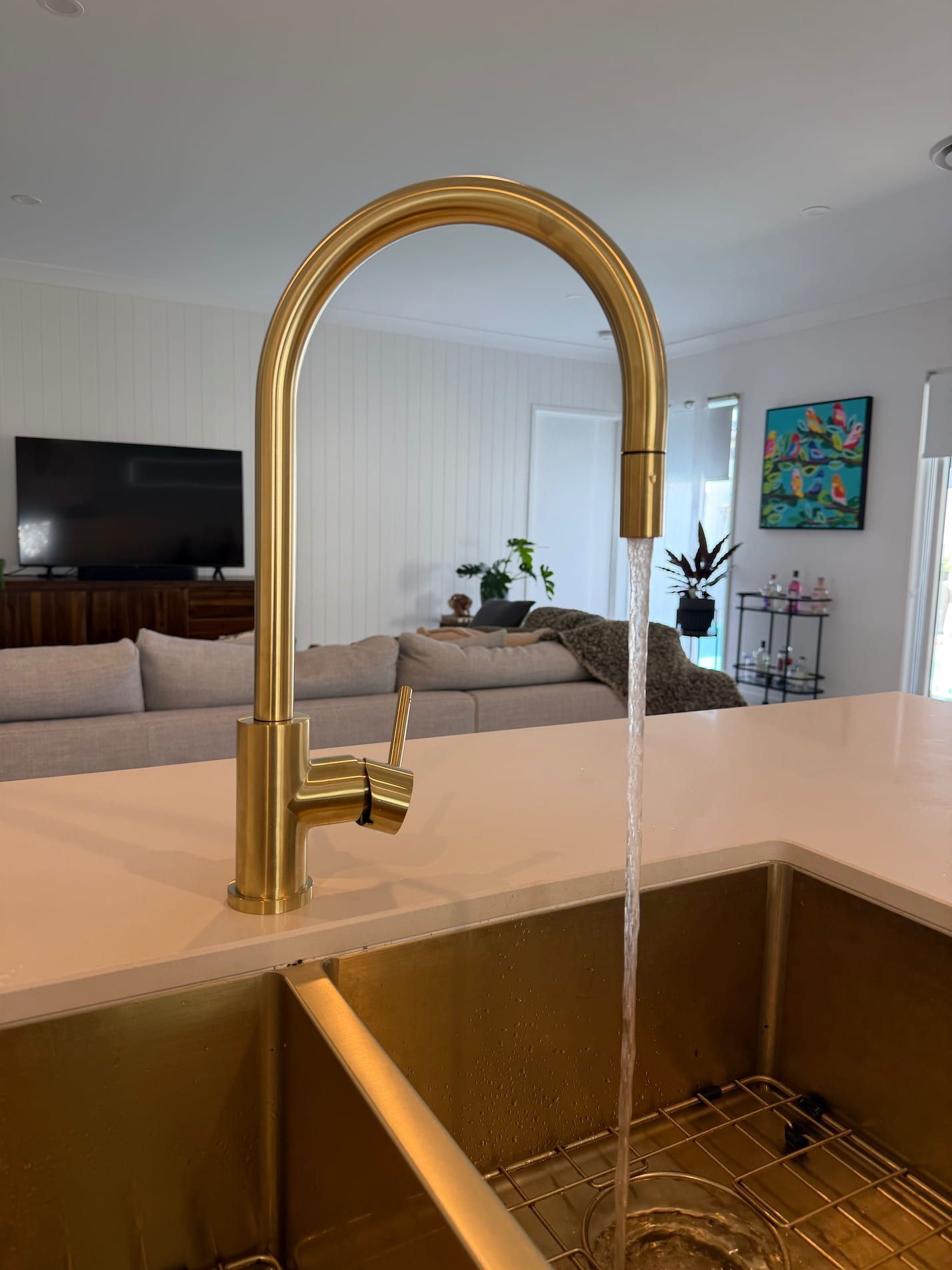 Gold kitchen faucet installed by a Sunshine Coast plumber