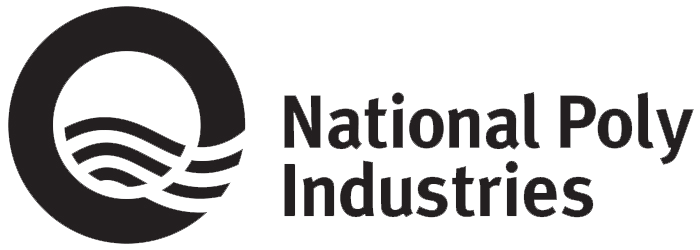 Logo of National Poly Industries. A black "Q" with wavy lines inside. Text "National Poly Industries" in black.