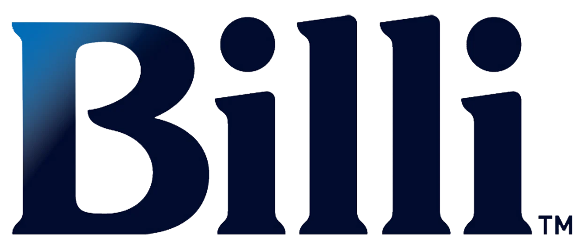 Billi logo in navy blue, with a gradient effect on the first letter, and the TM symbol at the end.
