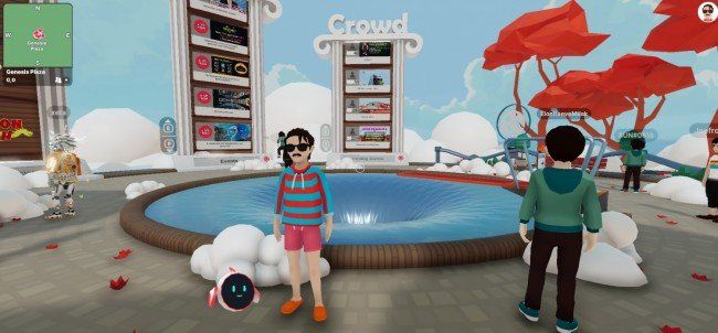 A boy and a girl are standing next to a pool in a video game.