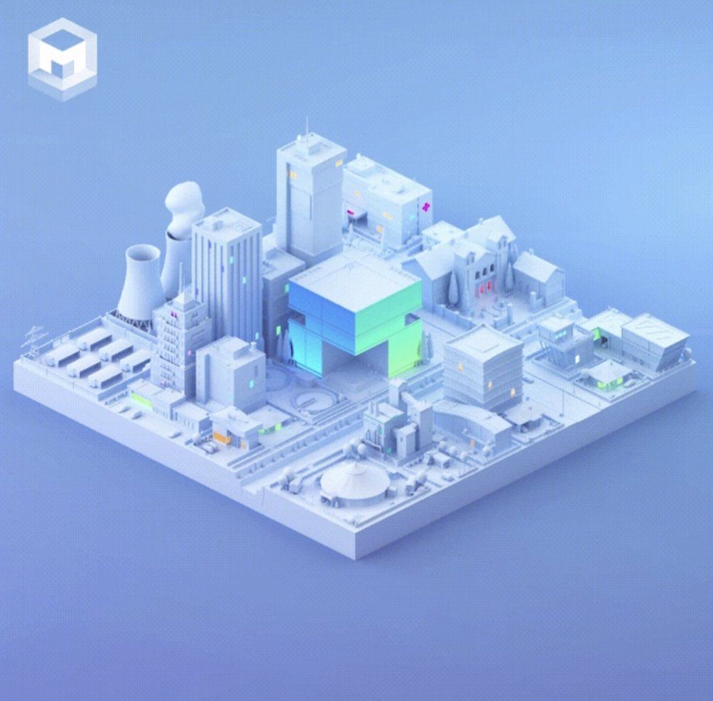 A 3d rendering of a city with a green cube in the middle.