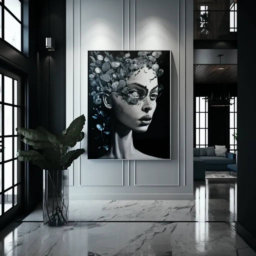 A black and white painting of a woman 's face is hanging on a wall.