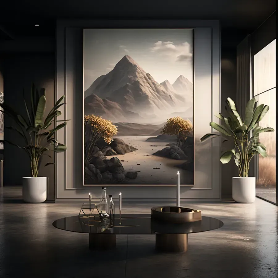 A living room with a large painting on the wall and a coffee table.