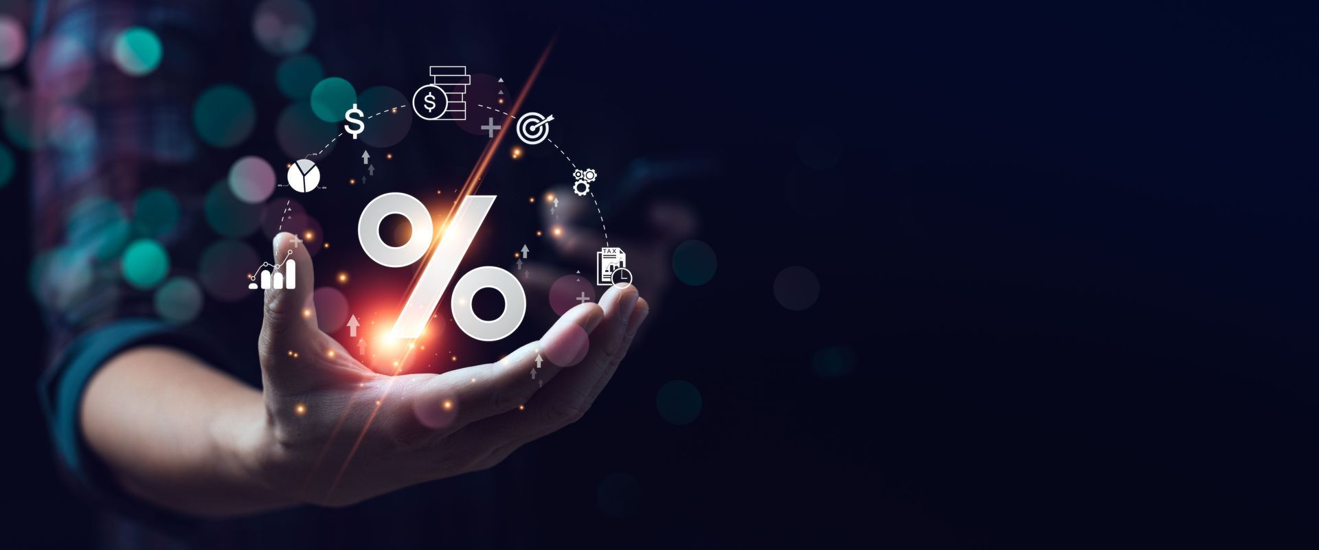 a hand is holding a percentage sign with icons around it