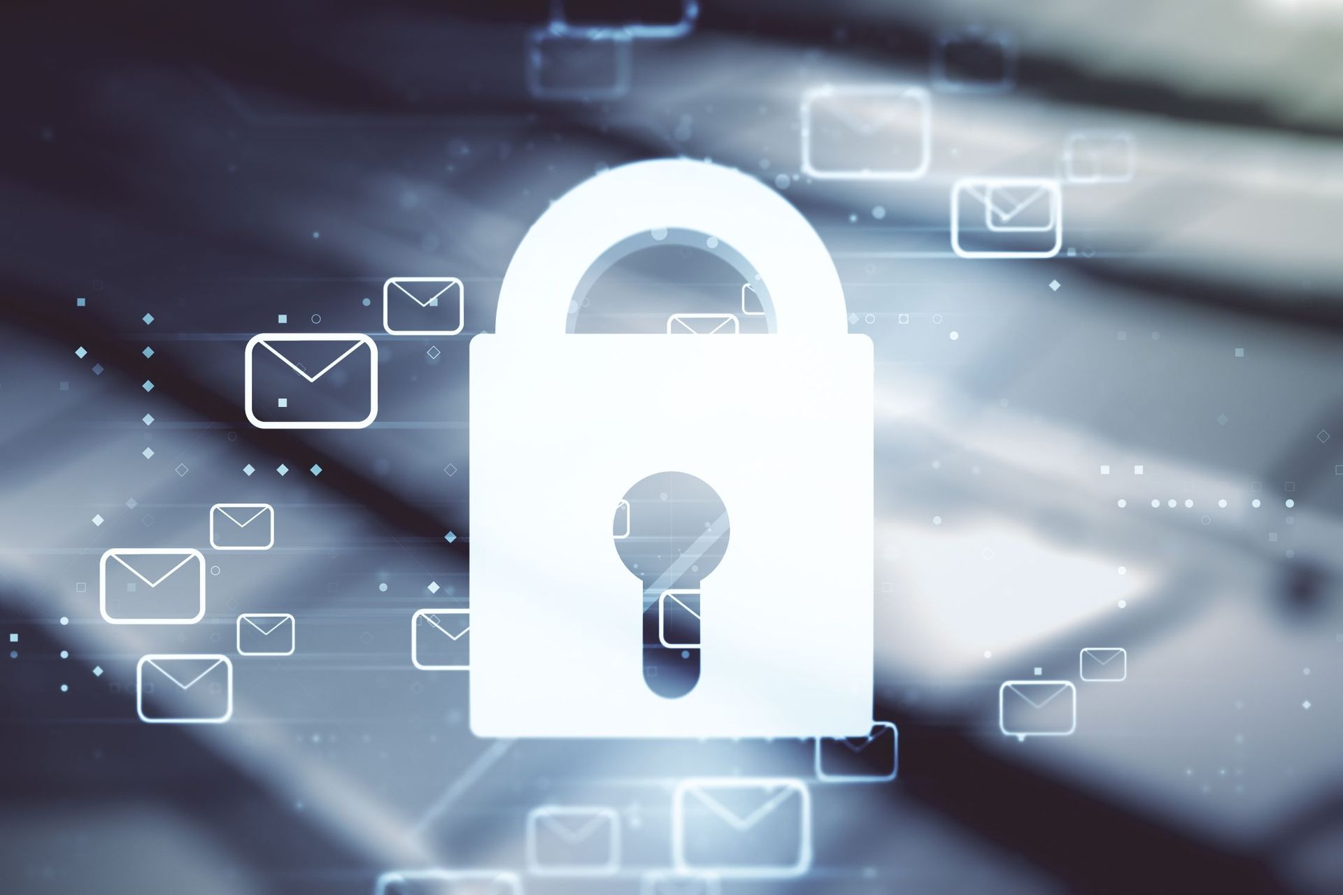a white padlock is surrounded by envelope icons