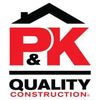 P&K Quality Construction logo with red letters, black roof icon, and black and red text on white background