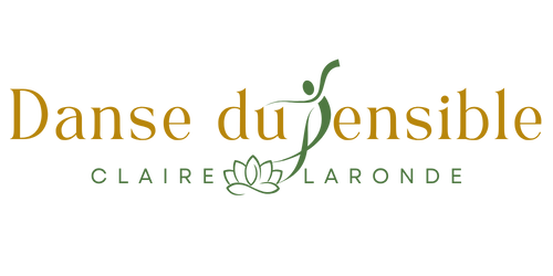 Logo pour « Danse du Sensible », mettant en vedette une danseuse stylisée, une fleur de lotus et le nom Claire Laronde.