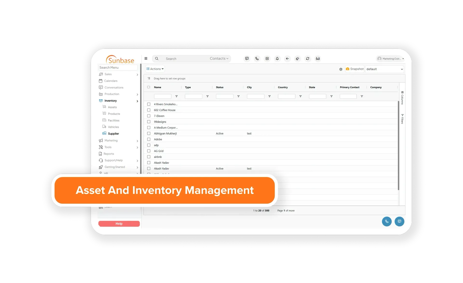 Web app dashboard with orange “Asset And Inventory Management” label over a white interface screenshot