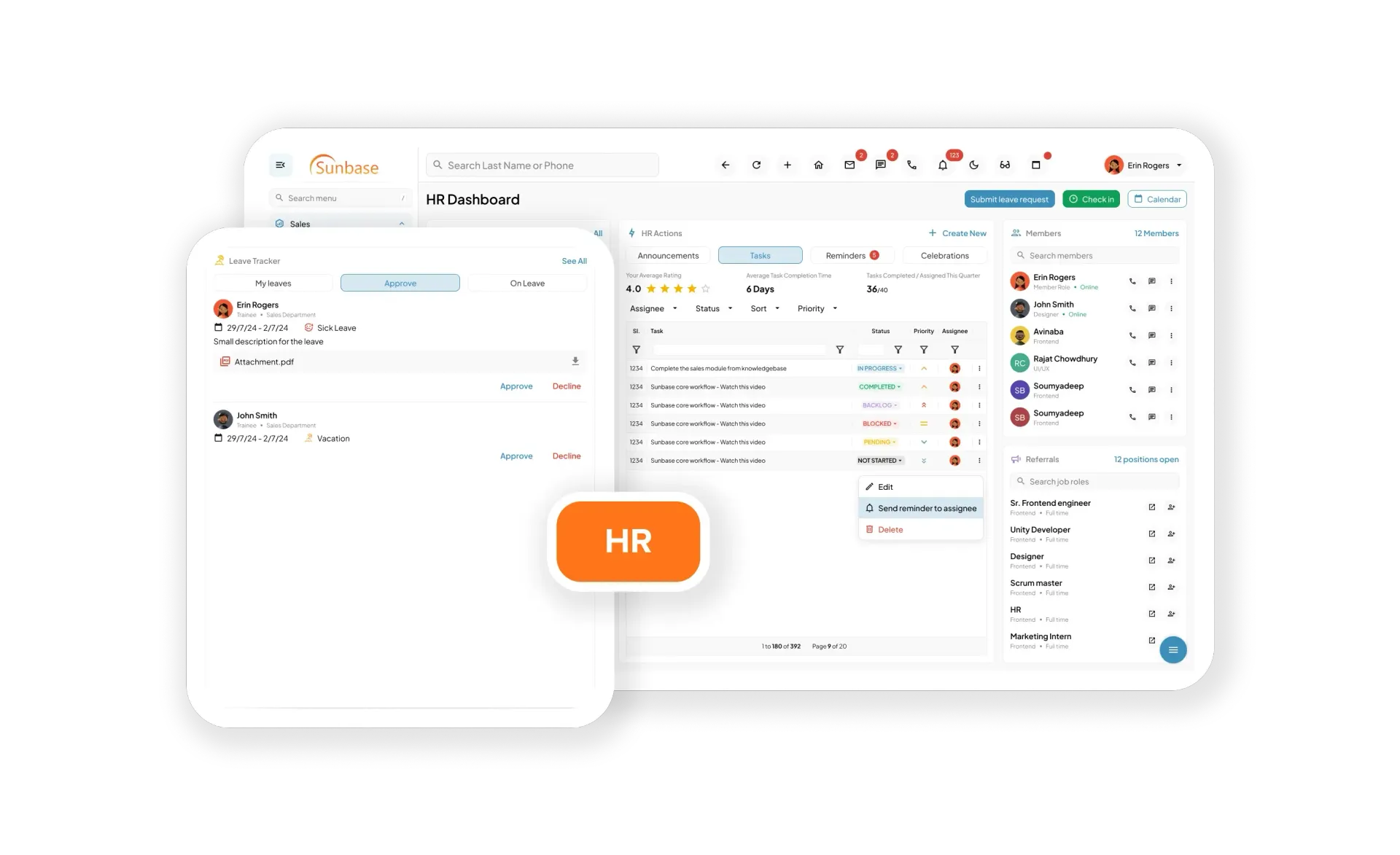 White HR dashboard interface with overlapping cards and orange “HR” badge