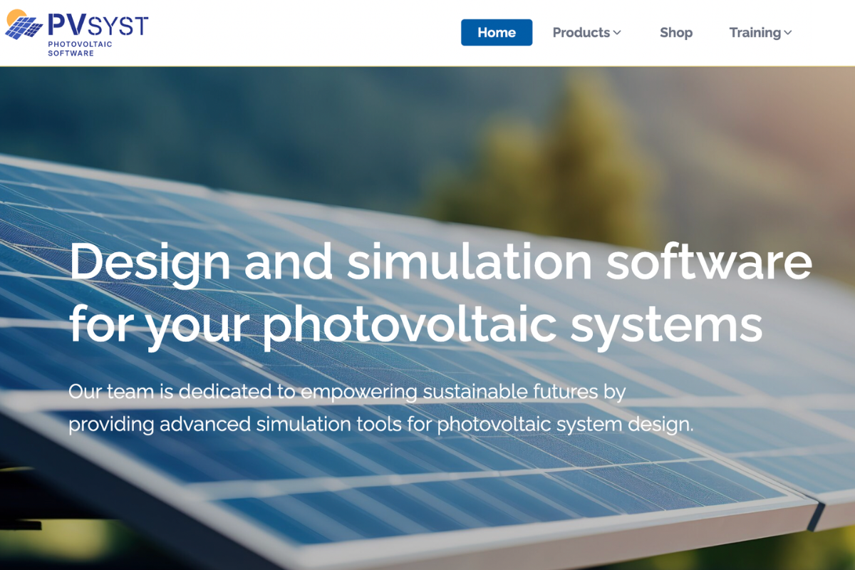 PVsyst website homepage with solar panel background and headline about photovoltaic system design software