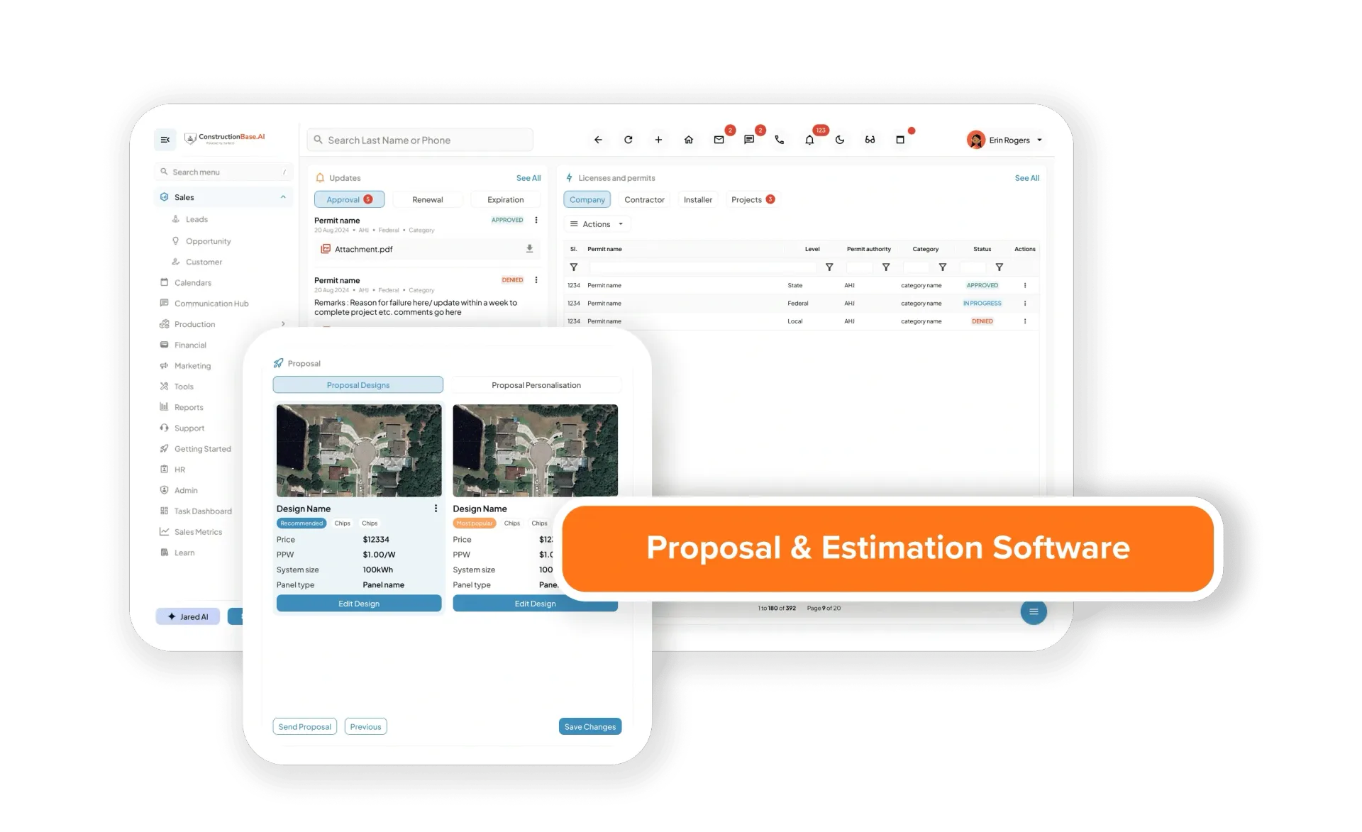 Proposal and estimation software dashboard on a laptop and phone, with orange label overlay