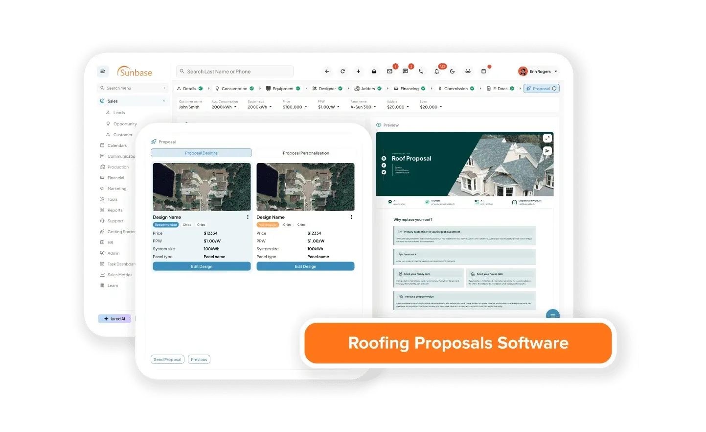 Roofing proposals software dashboard with project cards and orange call-to-action button