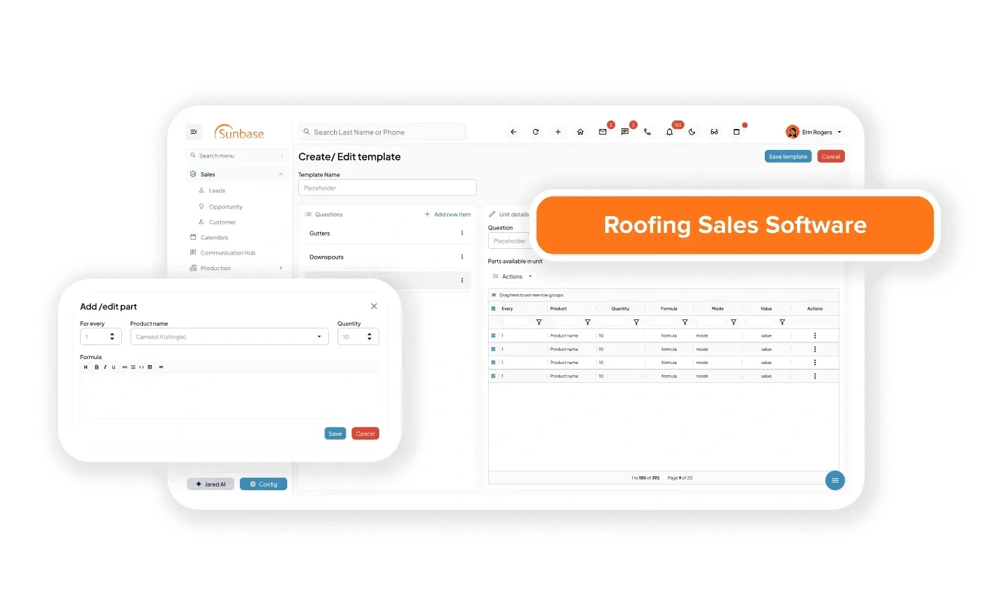Roofing sales software dashboard with orange banner and data tables on a white interface