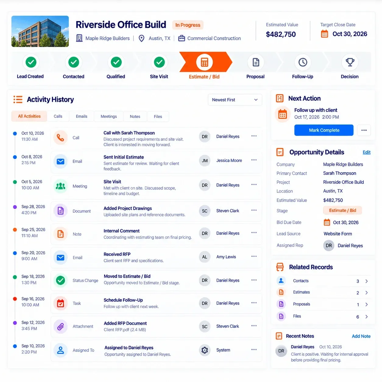 SUNBASE CONSTRUCTION CRM SOFTWARE | COMMUNICATION & ACTIVITY HISTORY