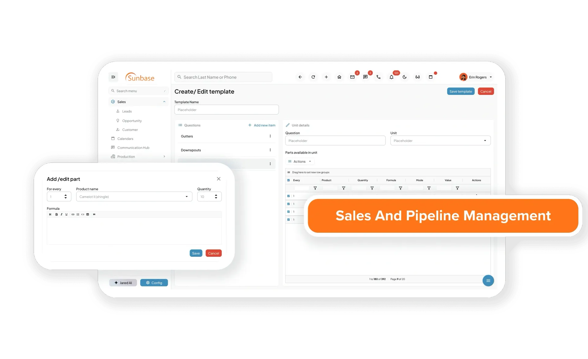 Dashboard mockup with white cards and orange “SaaS and Pipeline Management” banner