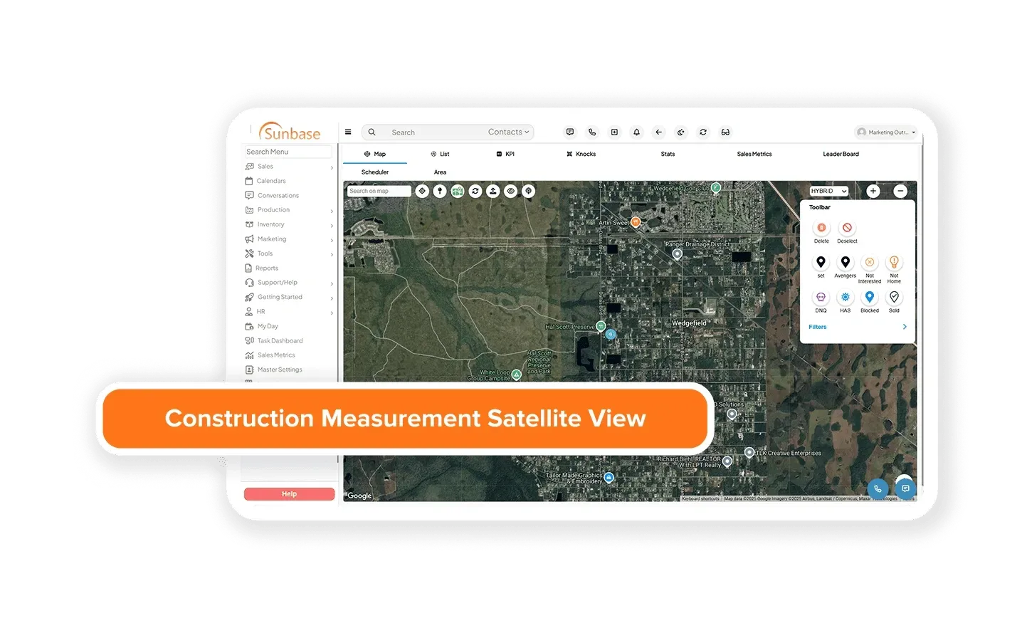 Construction measurement software displaying a satellite map with orange “Construction Measurement Satellite View” banner