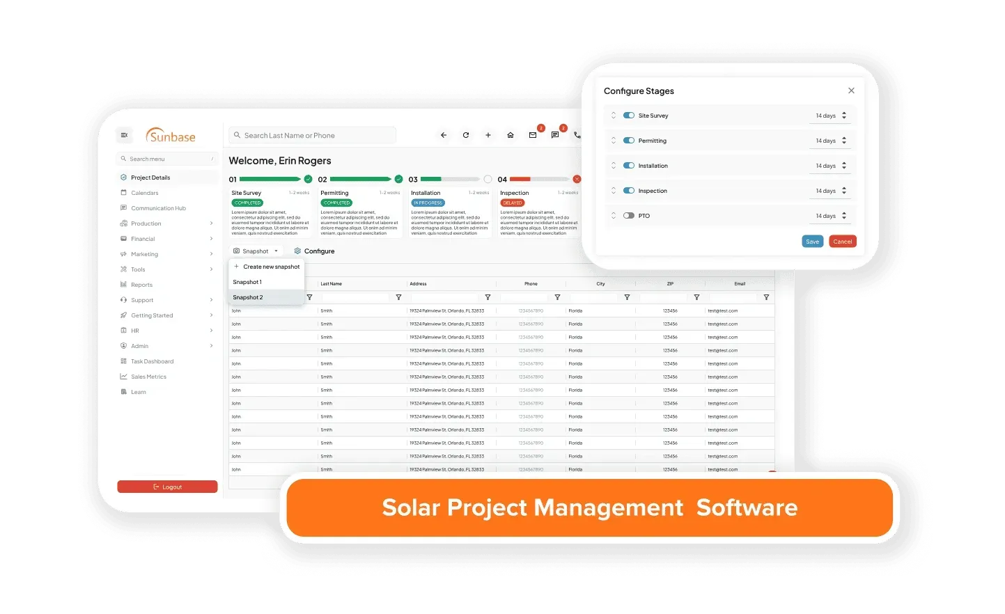 Solar CRM platform showing lead tracking, proposals, and project pipeline overview