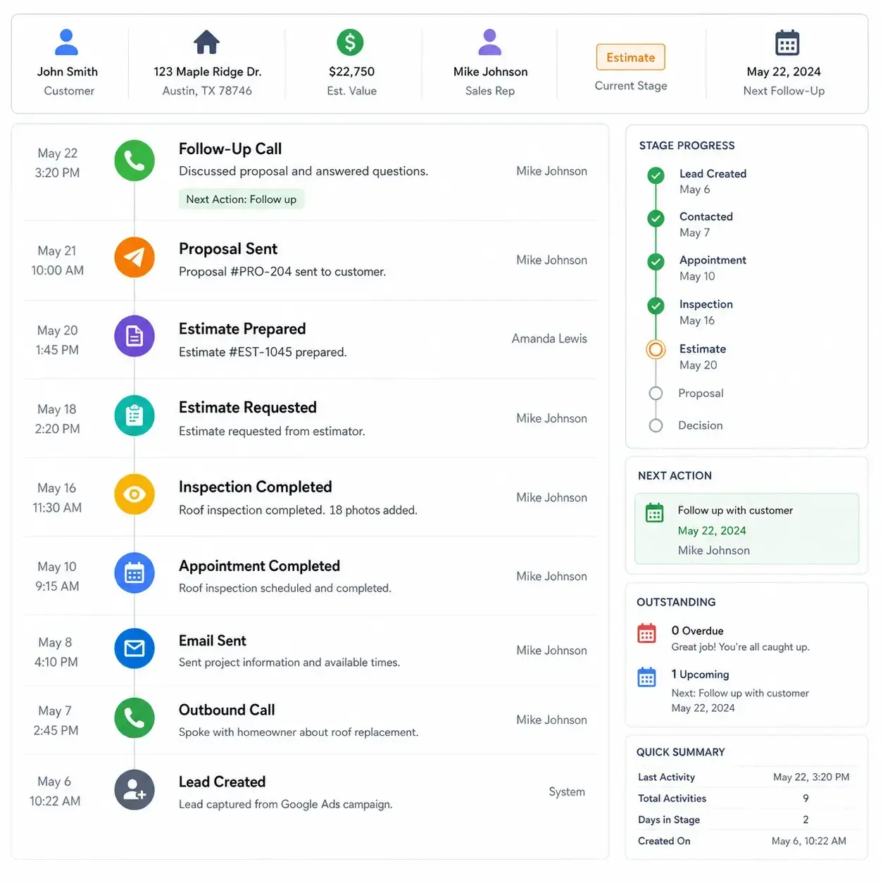 Sunbase Roofing CRM Communication & Activity History