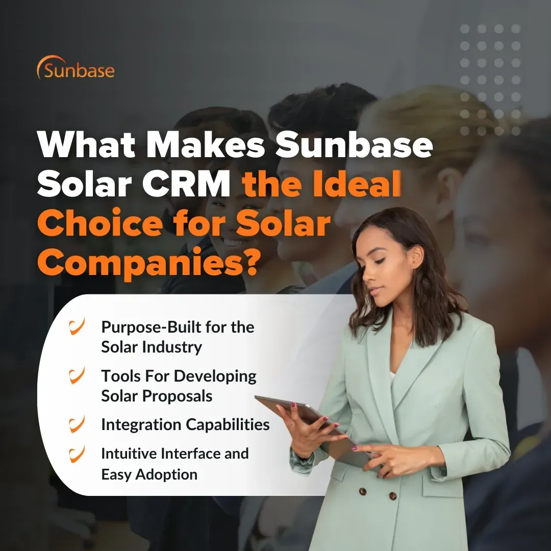 Sunbase Solar CRM promo with woman using laptop and headline about benefits for solar companies