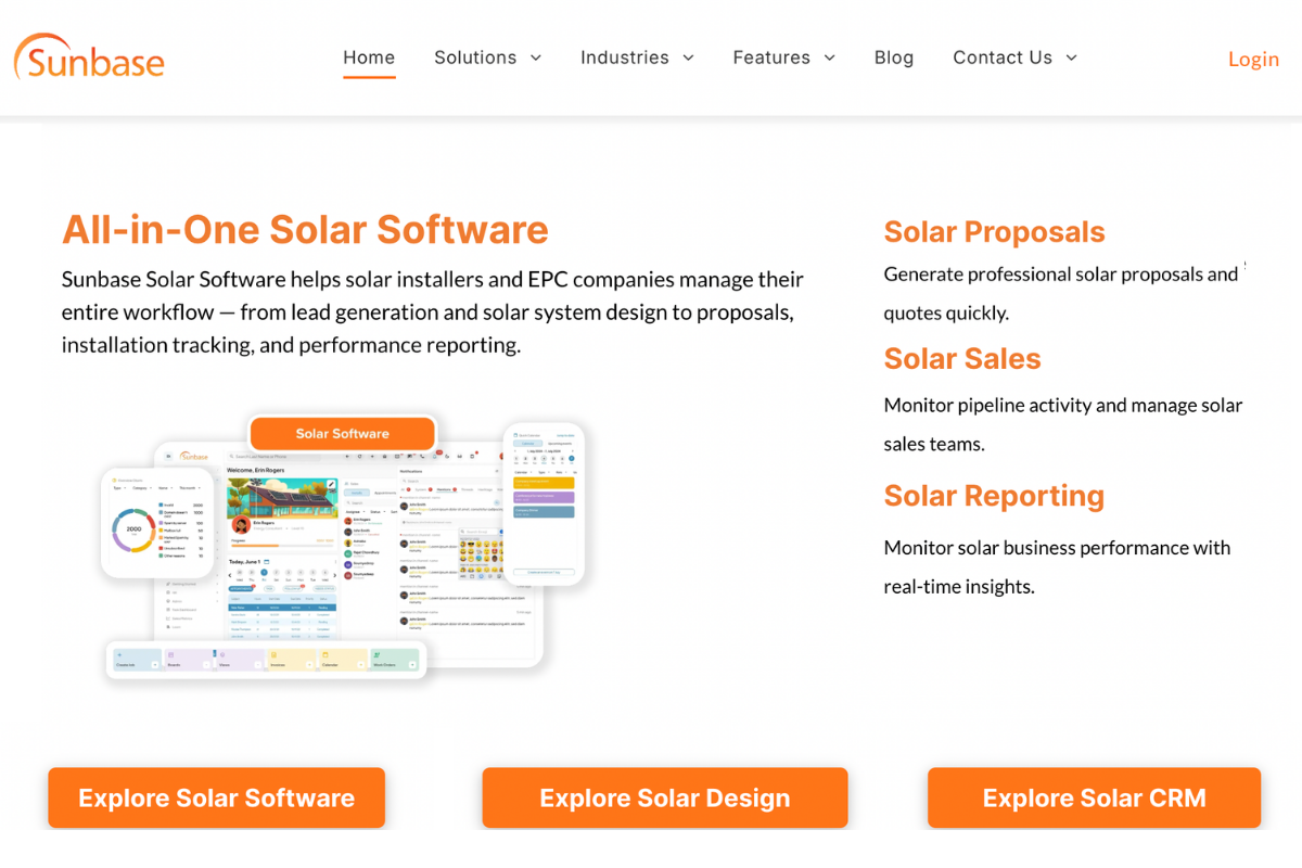 Sunbase homepage hero for all-in-one solar software, with orange call-to-action buttons and dashboard screenshots