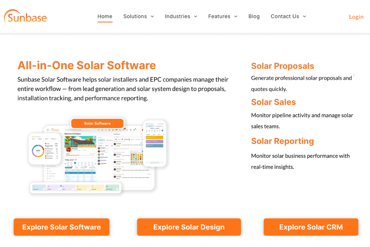 Sunbase homepage with orange accents, “All-in-One Solar Software” headline, and product feature panels.