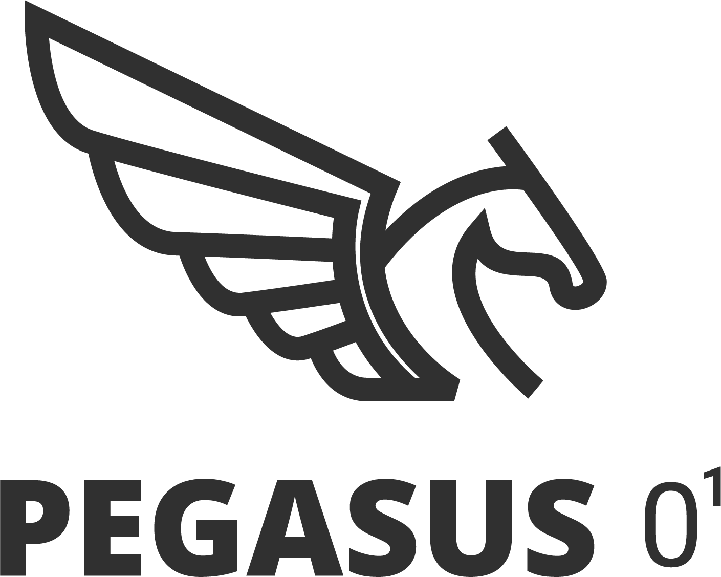 A black and white logo of a horse with wings.